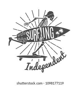 Vintage Emblem For Surfing Club.Skeleton Surfer.Vector illustration