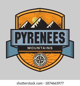 Vintage emblem with text Pyrenees Mountains, vector illustration