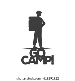 Vintage emblem of a tourist or traveler with a backpack and the inscription "go camp". Isolated monochrome emblem for a camping, the logo is suitable for printing on a T-shirt, package 