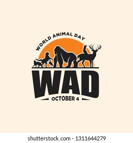 Vintage emblem World Animal Day with graphic animals and sunset. The concept of an ecological holiday. Vector illustration EPS.8 EPS.10