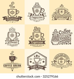 Vintage emblems for coffeehouse. Logos with a mug of coffee in retro style.