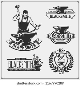 Vintage Emblems For Forge. Blacksmith Labels, Badges And Design Elements. Vector Illustration.