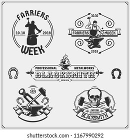 Vintage emblems for forge. Blacksmith labels, badges and design elements. Vector illustration.