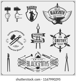 Vintage emblems for forge. Blacksmith labels, badges and design elements. Vector illustration.