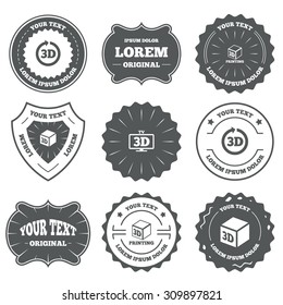 Vintage emblems, labels. 3d tv technology icons. Printer, rotation arrow sign symbols. Print cube. Design elements. Vector