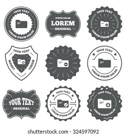 Vintage emblems, labels. Accounting binders icons. Add or remove document folder symbol. Bookkeeping management with checkbox. Design elements. Vector