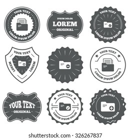 Vintage emblems, labels. Accounting binders icons. Add or remove document folder symbol. Bookkeeping management with checkbox. Design elements. Vector