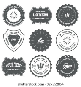 Vintage emblems, labels. Agricultural icons. Wheat corn or Gluten free signs symbols. Tractor machinery. Design elements. Vector