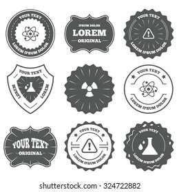 Vintage emblems, labels. Attention and radiation icons. Chemistry flask sign. Atom symbol. Design elements. Vector