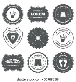 Vintage emblems, labels. Beach holidays icons. Cocktail, human footprints and swimming trunks signs. Summer sun symbol. Design elements. Vector