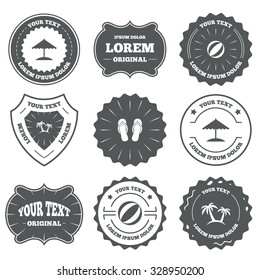 Vintage emblems, labels. Beach holidays icons. Ball, umbrella and flip-flops sandals signs. Palm trees symbol. Design elements. Vector