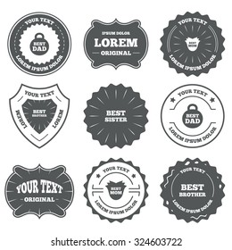 Vintage emblems, labels. Best mom and dad, brother and sister icons. Weight and flower signs. Award symbols. Design elements. Vector