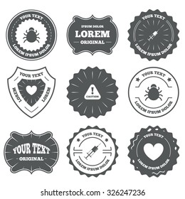 Vintage emblems, labels. Bug and vaccine syringe injection icons. Heart and caution with exclamation sign symbols. Design elements. Vector