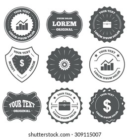 Vintage emblems, labels. Business icons. Graph chart and case signs. Dollar currency and gear cogwheel symbols. Design elements. Vector