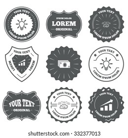 Vintage emblems, labels. Chart with arrow, brainstorm icons. Cash money and lamp idea signs. Scheme and Diagram symbol. Design elements. Vector
