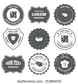 Vintage emblems, labels. Cheese icons. Round cheese wheel sign. Sliced food with chief hat symbols. Design elements. Vector