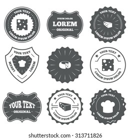 Vintage emblems, labels. Cheese icons. Round cheese wheel sign. Sliced food with chief hat symbols. Design elements. Vector