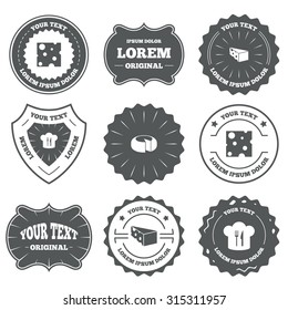 Vintage emblems, labels. Cheese icons. Round cheese wheel sign. Sliced food with chief hat symbols. Design elements. Vector