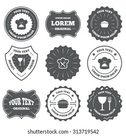 Vintage emblems, labels. Chief hat and cooking pan icons. Crosswise fork and knife signs. Boil or stew food symbols. Design elements. Vector