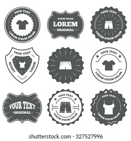 Vintage emblems, labels. Clothes icons. T-shirt and bermuda shorts signs. Swimming trunks symbol. Design elements. Vector