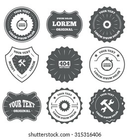 Vintage emblems, labels. Coming soon icon. Repair service tool and gear symbols. Hammer with wrench signs. 404 Not found. Design elements. Vector