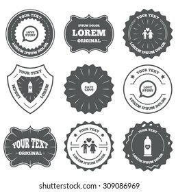 Vintage emblems, labels. Condom safe sex icons. Lovers couple signs. Male love female. Speech bubble with heart. Design elements. Vector