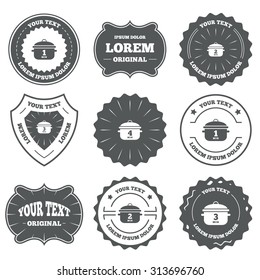 Vintage emblems, labels. Cooking pan icons. Boil 1, 2, 3 and 4 minutes signs. Stew food symbol. Design elements. Vector