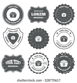 Vintage emblems, labels. Cooking pan icons. Boil 9, 10, 11 and 12 minutes signs. Stew food symbol. Design elements. Vector