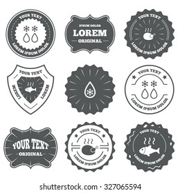Vintage emblems, labels. Defrosting drop and snowflake icons. Hot fish and chicken signs. From ice to water symbol. Design elements. Vector