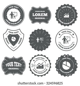 Vintage emblems, labels. Diagram graph Pie chart icon. Presentation billboard symbol. Man standing with pointer sign. Design elements. Vector