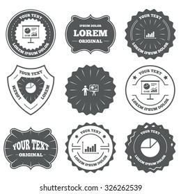 Vintage emblems, labels. Diagram graph Pie chart icon. Presentation billboard symbol. Supply and demand. Man standing with pointer. Design elements. Vector