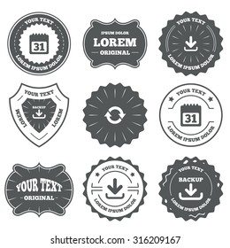Vintage emblems, labels. Download and Backup data icons. Calendar and rotation arrows sign symbols. Design elements. Vector
