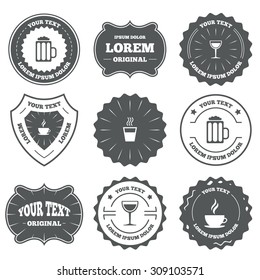 Vintage emblems, labels. Drinks icons. Coffee cup and glass of beer symbols. Wine glass sign. Design elements. Vector