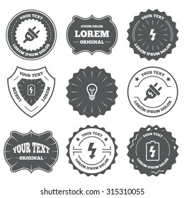 Vintage emblems, labels. Electric plug icon. Lamp bulb and battery symbols. Low electricity and idea signs. Design elements. Vector