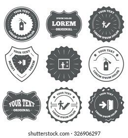 Vintage emblems, labels. Emergency exit icons. Fire extinguisher sign. Elevator or lift symbol. Fire exit through the stairwell. Design elements. Vector