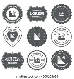Vintage emblems, labels. Energy efficiency icons. Lamp bulb and house building sign symbols. Design elements. Vector