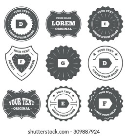 Vintage emblems, labels. Energy efficiency class icons. Energy consumption sign symbols. Class D, E, F and G. Design elements. Vector