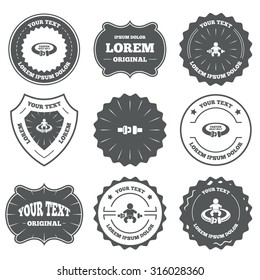 Vintage emblems, labels. Fasten seat belt icons. Child safety in accident symbols. Vehicle safety belt signs. Design elements. Vector