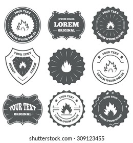 Vintage emblems, labels. Fire flame icons. Heat symbols. Inflammable signs. Design elements. Vector