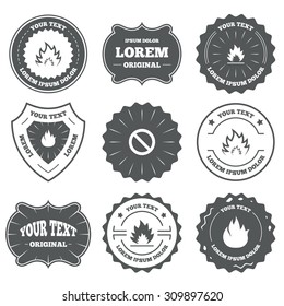 Vintage emblems, labels. Fire flame icons. Prohibition stop sign symbol. Design elements. Vector