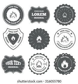 Vintage emblems, labels. Fire flame icons. Heat symbols. Inflammable signs. Design elements. Vector