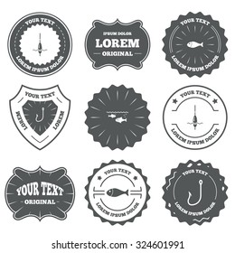 Vintage emblems, labels. Fishing icons. Fish with fishermen hook sign. Float bobber symbol. Design elements. Vector