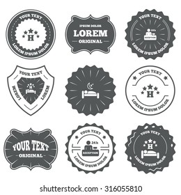 Vintage emblems, labels. Five stars hotel icons. Travel rest place symbols. Human sleep in bed sign. Hotel 24 hours registration or reception. Design elements. Vector