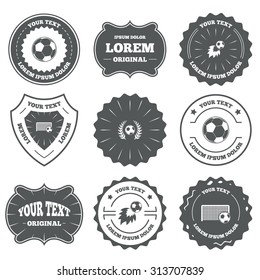 Vintage emblems, labels. Football icons. Soccer ball sport sign. Goalkeeper gate symbol. Winner award laurel wreath. Goalscorer fireball. Design elements. Vector