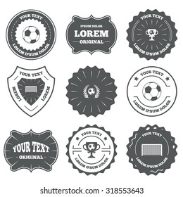 Vintage emblems, labels. Football icons. Soccer ball sport sign. Goalkeeper gate symbol. Winner award cup and laurel wreath. Design elements. Vector