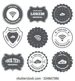 Vintage emblems, labels. Free Wifi Wireless Network cloud speech bubble icons. Wi-fi zone locked symbols. Password protected Wi-fi sign. Design elements. Vector