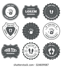 Vintage emblems, labels. Hand and foot print icons. Imprint shoes and barefoot symbols. Stop do not enter sign. Design elements. Vector
