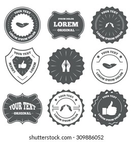 Vintage emblems, labels. Hand icons. Like thumb up symbol. Insurance protection sign. Human helping donation hand. Prayer hands. Design elements. Vector