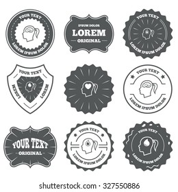 Vintage emblems, labels. Head with brain icon. Female woman think symbols. Blood drop donation signs. Love heart. Design elements. Vector
