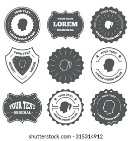 Vintage emblems, labels. Head icons. Male and female human symbols. Woman with pigtail signs. Design elements. Vector